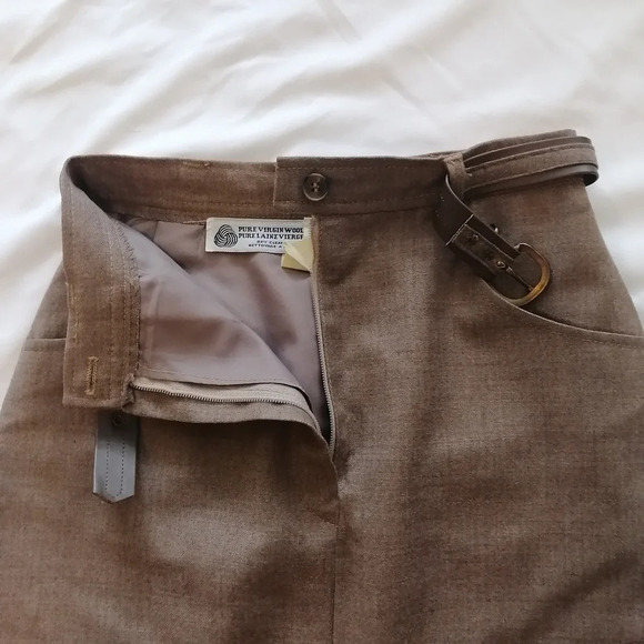 Vintage Newport Pure Virgin Wool Camel Tan Midi Skirt with Belt and Pockets XS - Picture 11 of 16